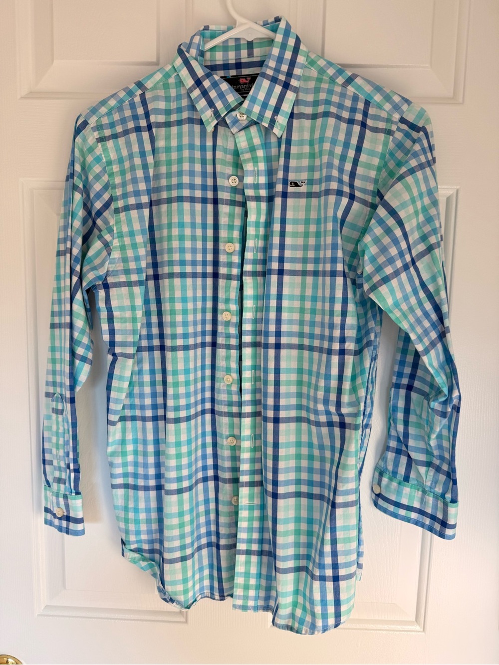 Vineyard Vines Aqua and Blue Plaid Long-Sleeve Button-Down Shirt